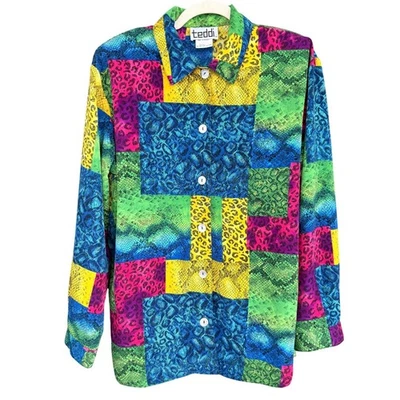 Camisa Top A8 De Colección Teddi Para Mujer Pequeña Retazos Serpiente Estampado Leopardo Abotonada Foto 1 de 4