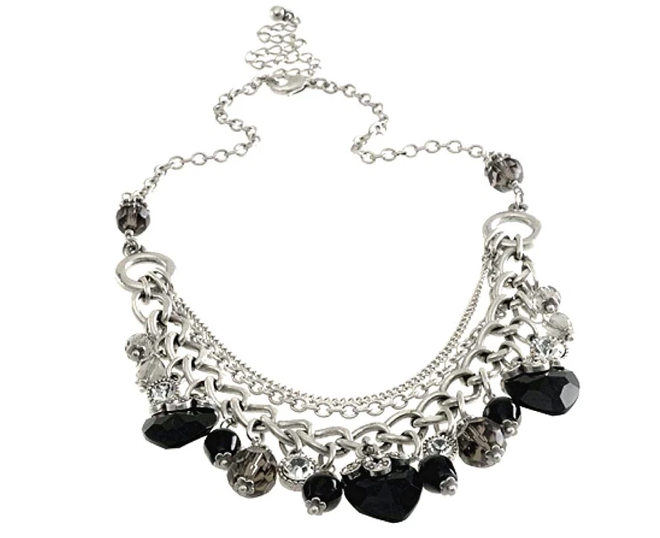 Jet Black Deco Nouveau Baroque Silver Heart Charms Necklace w/ Swarovski Crystal - Image 1 of 1