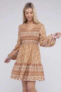 Beige Floral Smocked Bishop Sleeve Mini Dress - Picture 1 of 8