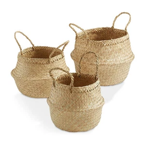 3pc Seagrass Belly Basket Planters, Boho Woven Storage Bin Plant Pot Covers - Picture 1 of 1