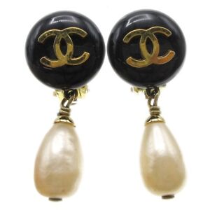 Chanel CC Artificial Pearl Dangle Earrings Clip-On Black 94A 66447