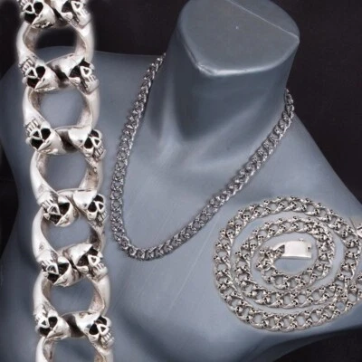 91g 20" 51cm Eslabones Bordillo Multi Calavera 925 Plata de Ley Hombre Collar Cadena Foto 1 de 4