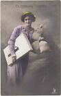 1913 RUSSIA Happy New Year! Nice Lady with BAGS of MONEY and Calendar SIEDLCE PL