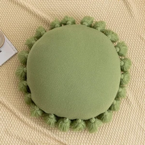 Boho round Knitted Throw Pillow Sage Green Accent Pillow with Tassel Knit Woven - Picture 1 of 12