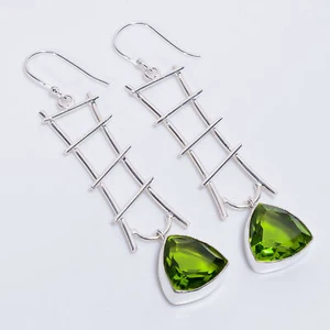Peridot Gemstone Ethnic Style Handmade 925 Sterling Silver Earrings 3.1" D467 - Picture 1 of 6