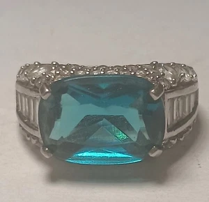 Vintage 925 Sterling Silver Blue Topaz & White Zircon Ring Size 8 - Picture 1 of 7