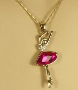 Gold Hot Pink Crystal Ballerina Ballet Dancer Pendant 15 1/2 in. Necklace 18kgp - Picture 1 of 8