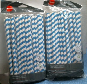Kizmos Blue And White Strip Paper Milkshake Straws 50 pk. LOT OF 2 (5249906) FS - Picture 1 of 6