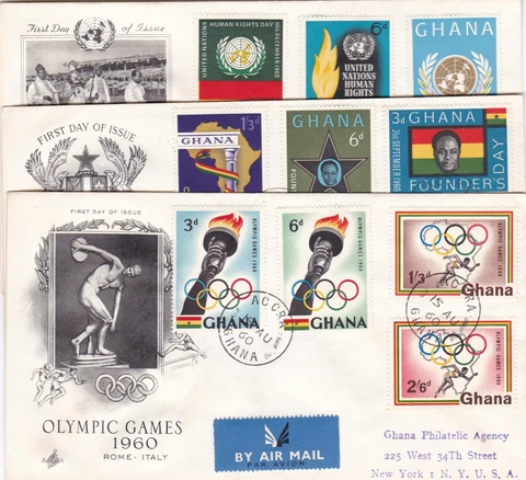 3 1960 Ghana FDCs 10 Diff Stamps Olympics Founder's & Human Rights Day ArtCraft Cover