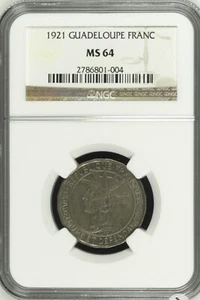 Guadeloupe - 1921 1 Franc in NGC MS 64 Very Rare Condition Only 2 Graded Higher - Picture 1 of 4