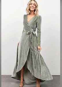Baltic Born Jada Ribbed Velvet Wrap Dress | Dusty Sage small - Picture 1 of 8