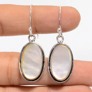 Natural Mother Of Pearl Gemstone 925 Silver Handmade Earrings 1.6" ARE-4757 - Picture 1 of 3
