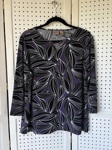 Easywear Chico's Keyhole Front V Neck 3/4 SLV Purple BLK Size 2 Lg Blouse - Picture 1 of 5