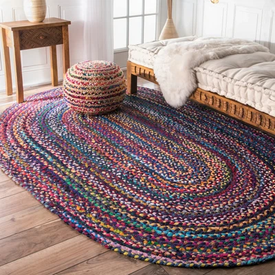 Multi Color Braided Oval Chindi Rug Handwoven Cotton Blend Carpet Boho Area Mat - Image 1 of 4