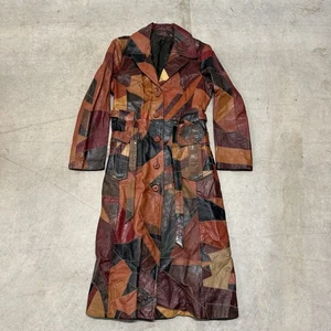 Vintage 70s Patchwork Mosaic Leather Belted Trench Coat Boho Womens Size Medium - Picture 1 of 7