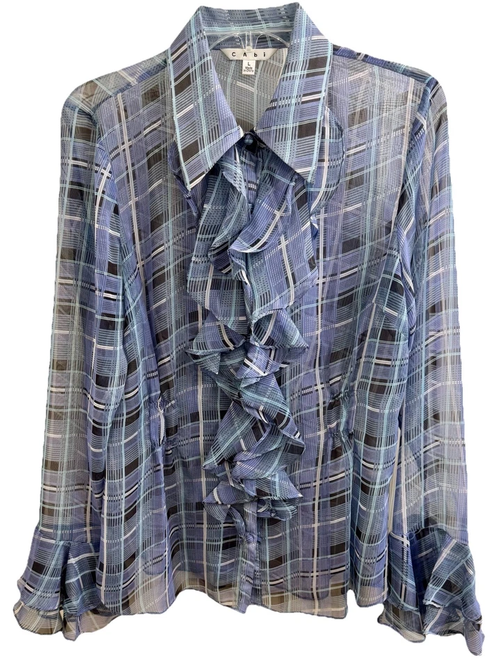 CAbi Size(L) Penelope Blouse Blue Plaid Ruffle Sheer Bell Sleeves Pleating NWOT - Image 1 of 4