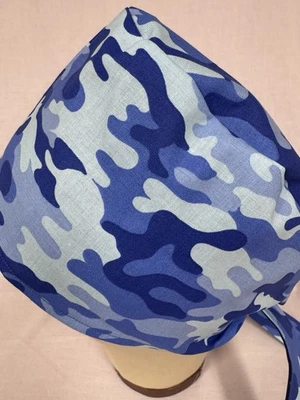 Men/Women Surgical Scrub Cap Lined Camo Camouflage Blue 100% Cotton - Image 1 of 3