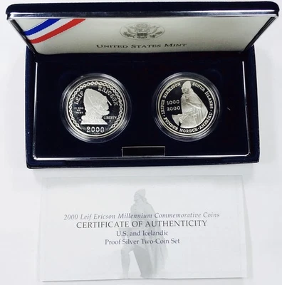 2000 LEIF ERICSON 2-COIN COMMEMORATIVE PROOF SILVER DOLLAR SET US MINT! NR#G1550 - Image 1 of 4