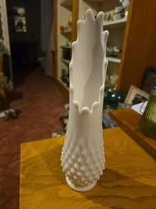 Vintage Fenton 11 3/4" Stretch Swung Vase White Hobnail Milk Glass MCM - Picture 1 of 6