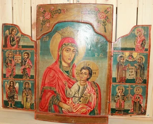 Vintage religious hand painted icon triptych Jesus Christ Child Virgin Mary - Picture 1 of 11