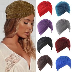 Women Golden Shiny Silk Indian Hat Female Fashion Pullover Muslim Turban Cap