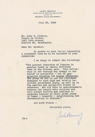 JACK BENNY - TYPED LETTER SIGNED 07/23/1962 Cover