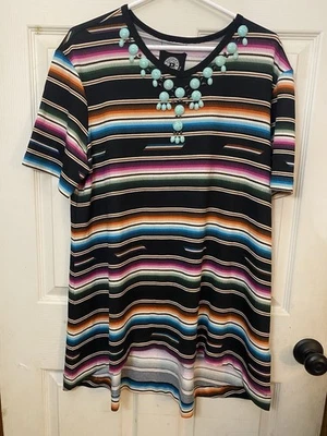 Double D Ranch Serape Stripe Beaded Knit Tee Top Size L Western Rodeo - Image 1 of 4