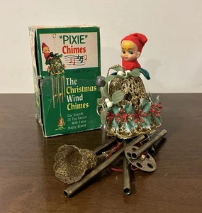 Vintage PIXIE CHIMES Christmas Plastic Gold Bell Metal Wind Chimes Hong Kong IOB - Picture 1 of 13