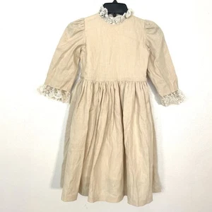 Vtg Papa Panda Girls Dress Natural Linen Lined Lace Trim Ukraine 122-128 US 7-8 - Picture 1 of 8