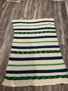 Handmade Crochet Striped Throw Blanket Afghan Colorful 66"x48." Green/Blue/White - Picture 1 of 7