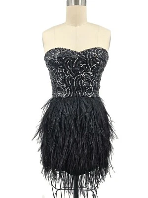 New Bebe Isis Sequin Ostrich Feather Mini Dress Women XS Black Strapless Bustier - Image 1 of 4
