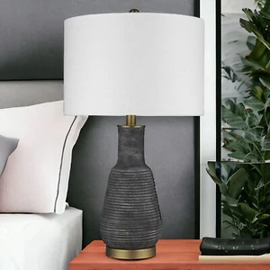 26" Black and Gold Metal Column Table Lamp With White Drum Shade - Picture 1 of 7
