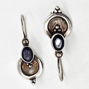 Iolite Blue gemstone tribal Balinese Bali vintage sterling silver drop earrings - Picture 1 of 6