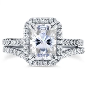 2.50Ct Radiant Cut Simulated Diamond Bridal Halo Ring Set 14k White Gold Plated - Picture 1 of 9