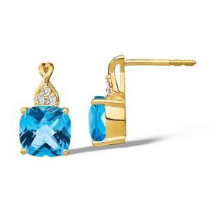 14K Solid Yellow Gold Swiss Blue Topaz Diamond Dangle Earrings - Picture 1 of 3