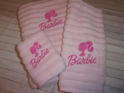 BARBIE Inspired SWEET PiNK Embroidered 3 Piece Bath & Hand Towel Washcloth Set - Image 1 of 4