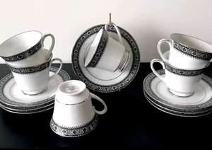 Set/6 Noritake Segovia Tassen & Untertassen #2216 JAPAN Black Scrolls Platinum 70er Jahre - Bild 1 von 15