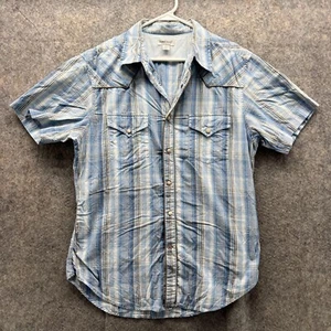 Guess Jeans Shirt Men Large Blue White Casual Button Down Striped Plaid Vtg - Picture 1 of 14