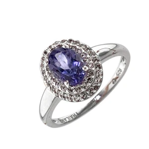 Natural Tanzanite & White Topaz  Oval cut Halo Engagement Sterling Silver Ring - Picture 1 of 5