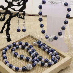 Natural 7-8mm Black Freshwater Pearl White Crystal Necklace Bracelet Earrings - Picture 1 of 7