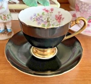 Vintage Shelley Cup & Saucer Black Gold Pink Florals Fine Bone China England - Picture 1 of 9