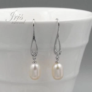 White Pearl Freshwater CZ 925 Sterling Silver Hook Drop Dangle Earrings 07960 - Picture 1 of 5