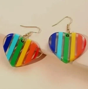 Rainbow Heart Dangle Drop Arcrylic Pierced Earrings Pride Festival LGBTQ BN - Picture 1 of 4