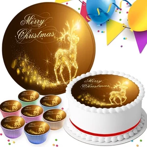 MERRY CHRISTMAS GOLD REINDEER EDIBLE CAKE TOPPER & CUPCAKE TOPPERS CRC002 - Picture 1 of 7