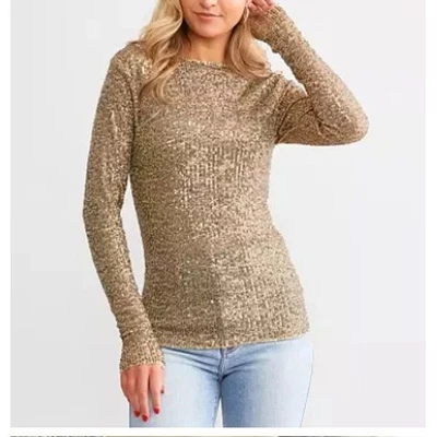 NUEVO Top Free People Mujer Oro Rush Lentejuelas Manga Larga Fiesta Glamour Talla Grande Foto 1 de 4