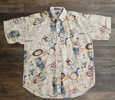 Винтажная мужская рубашка Tommy Hilfiger на пуговицах с коротким рукавом размер L отель бежевая - Изображение 1 из 4