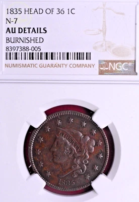 NGC AU! 1835 HEAD OF '36 MATRON HEAD LARGE CENT - Image 1 of 4