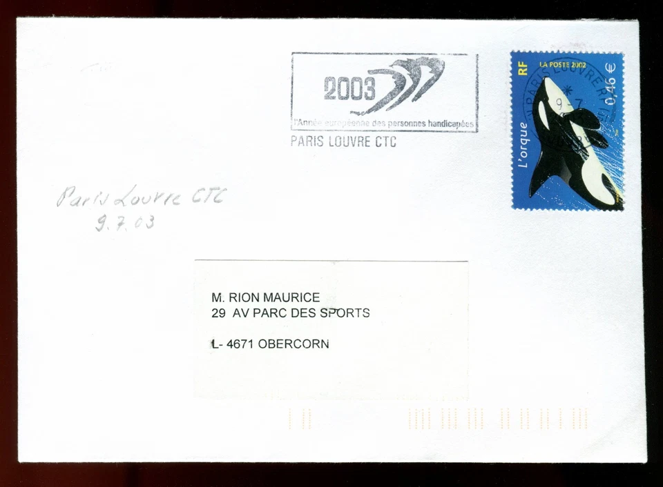 France Killer Whale Stamp. 2003 Year for the Disabled Slogan Cover - Image 1 of 1