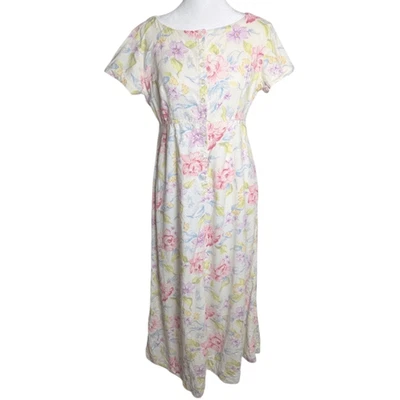 Liz Claiborne Linen Blend Cream Pink Purple Floral Short Sleeve Dress 4 - Image 1 of 4
