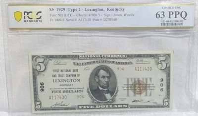 1929 $5 Lexington Kentucky Graded PCGS 63 - Image 1 of 3